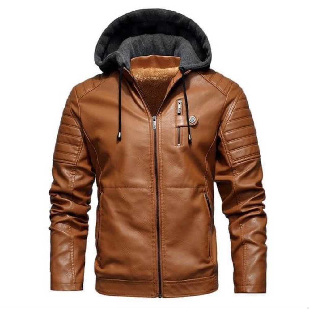 Men Leather Jacket, Faux Interior with Removable Hoodie.
